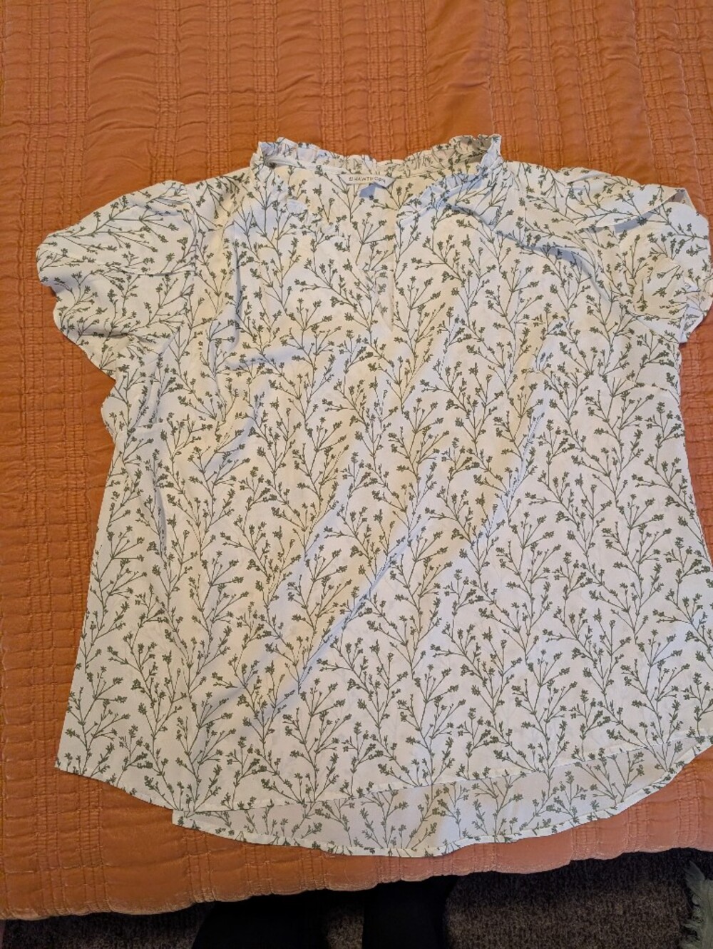 Women's Floral Ruffle Neck Top - White & Green